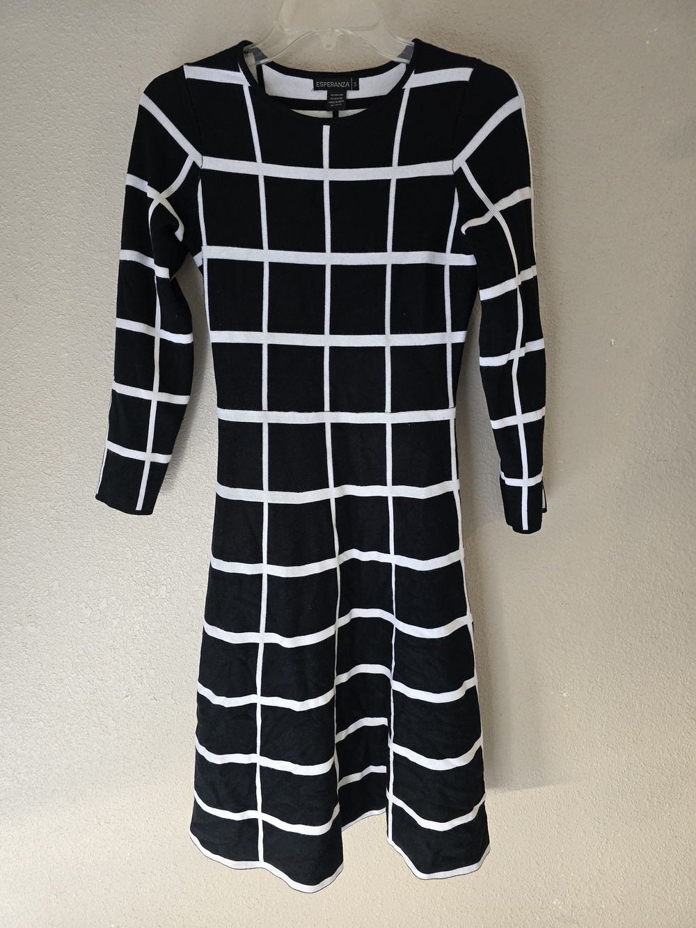 Esperanza Black White Grid Plaid Long Sleeve Sweater Midi Dress - Size S